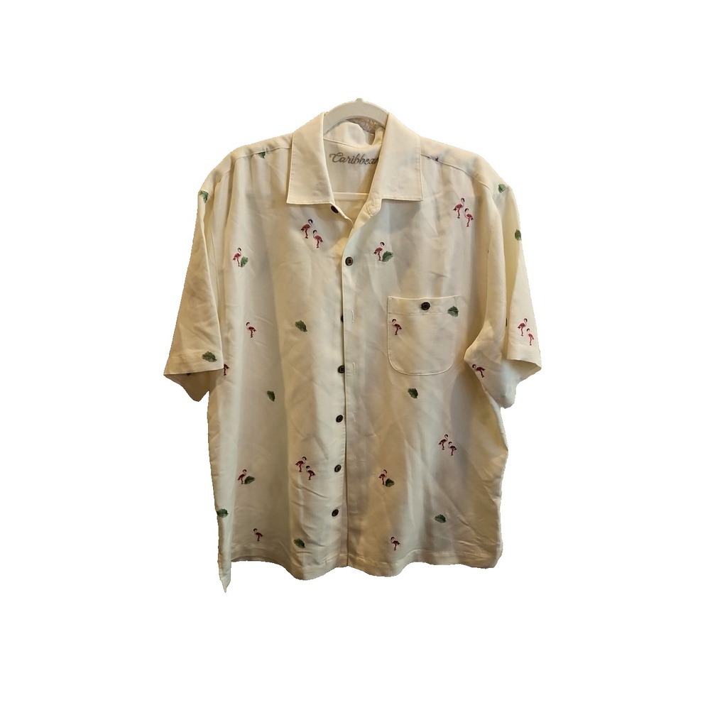 Carribean‎ Flamingo Palms Embroidered Hawaiian Shirt Men's L Resort Vacay #671